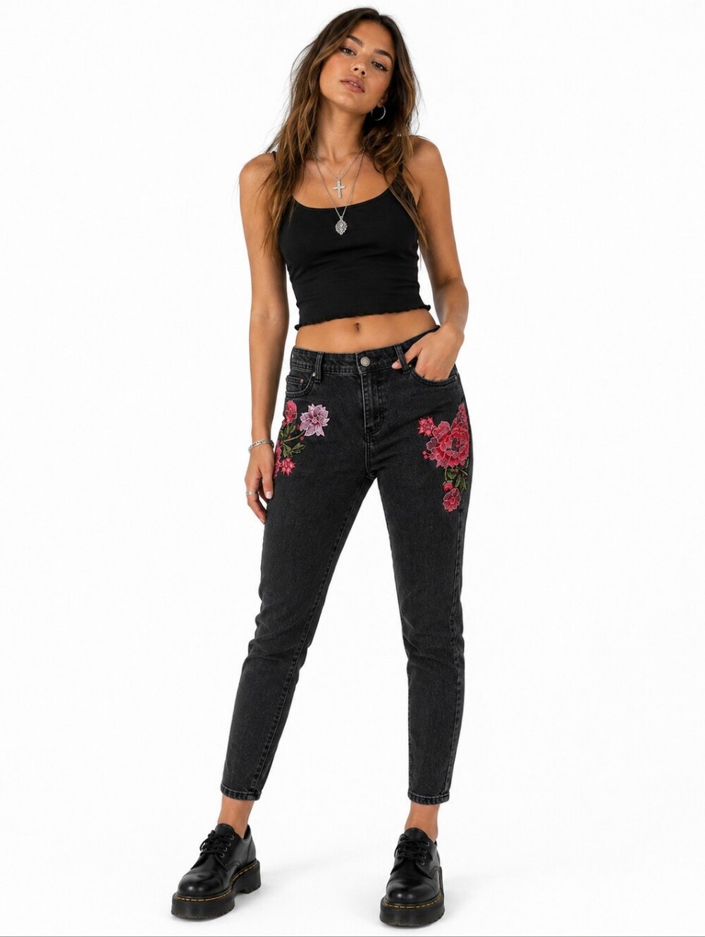 Revamped Denim Y2K Black Floral Embroidered Skinny Jeans Women's Size 11 Stretch